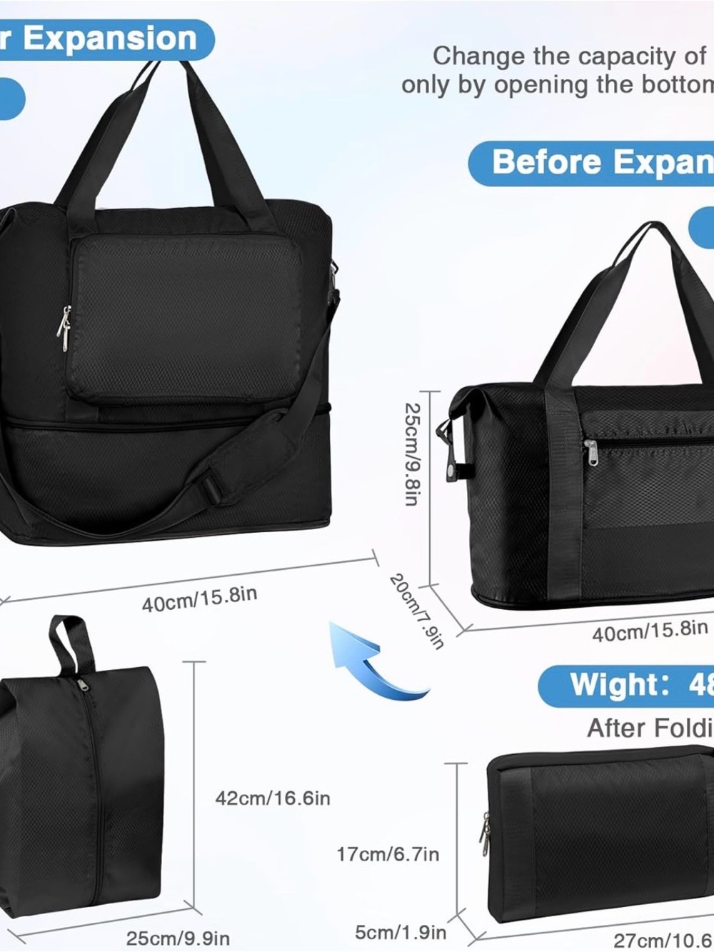 Black Expandable Men's Travel Duffel Bag - Compact & Versatile